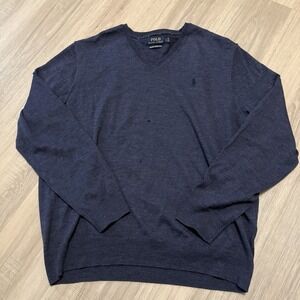 Polo Ralph Lauren sweater Mens XL Washable Merino Wool V Neck Blue knit pullover